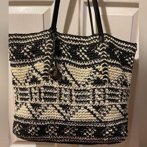 Lucky Brand Woven Texture Boho Black & Ivory black Handle Tribal Large Tote Bag